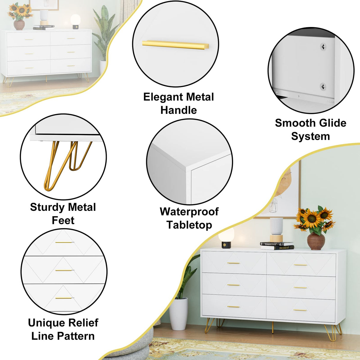 White Dresser, Modern Dresser for Bedroom, 6 Drawer Handles