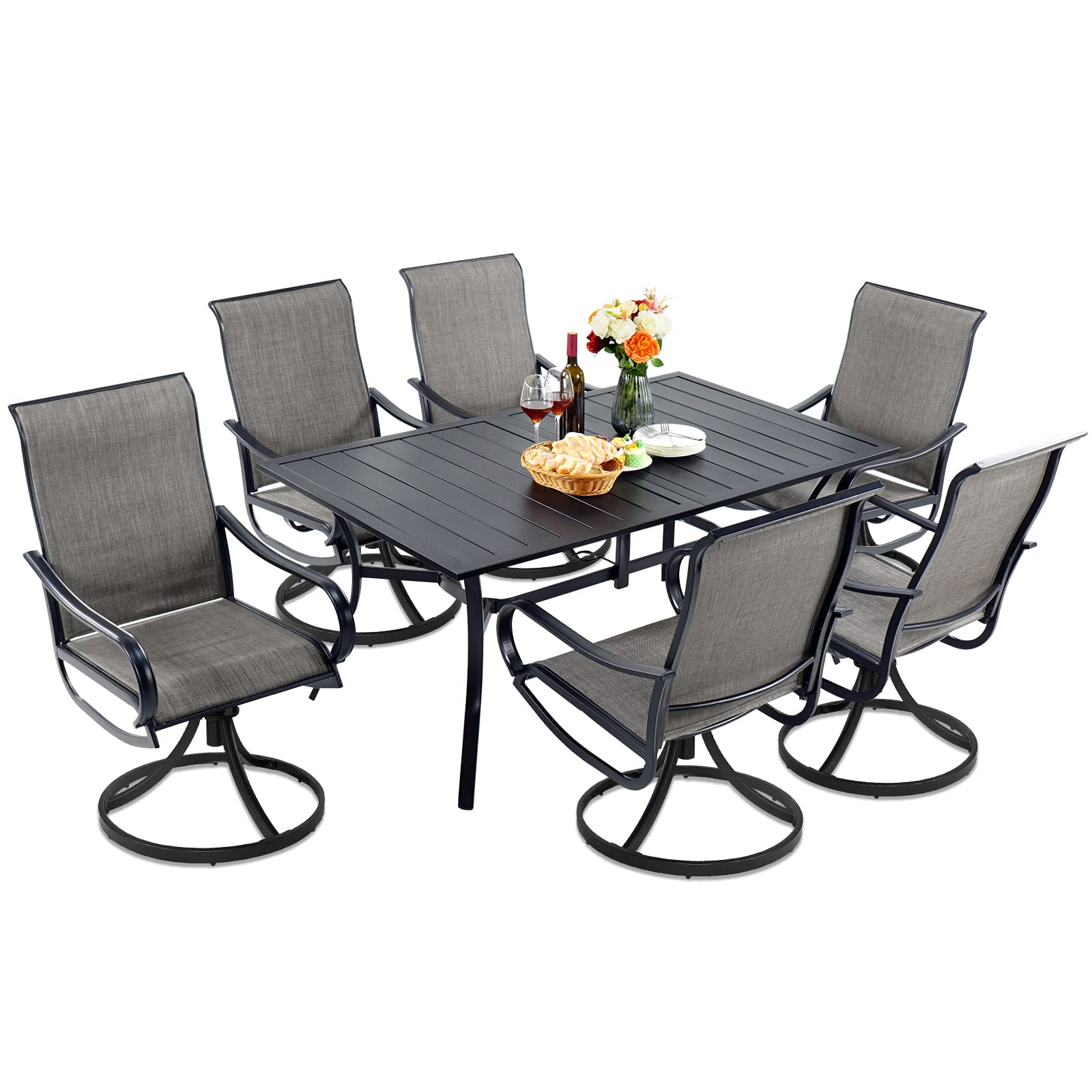 7 Pieces Outdoor Patio Dining Set for 6 Patio Dining Swivel Chairs