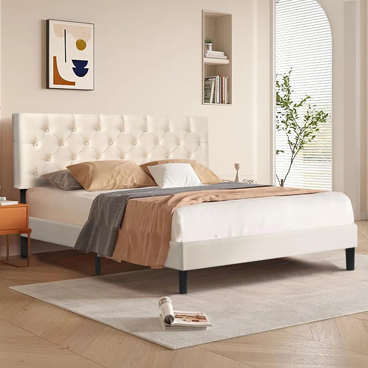 Queen Size Bed Frame with Upholstered Headboard