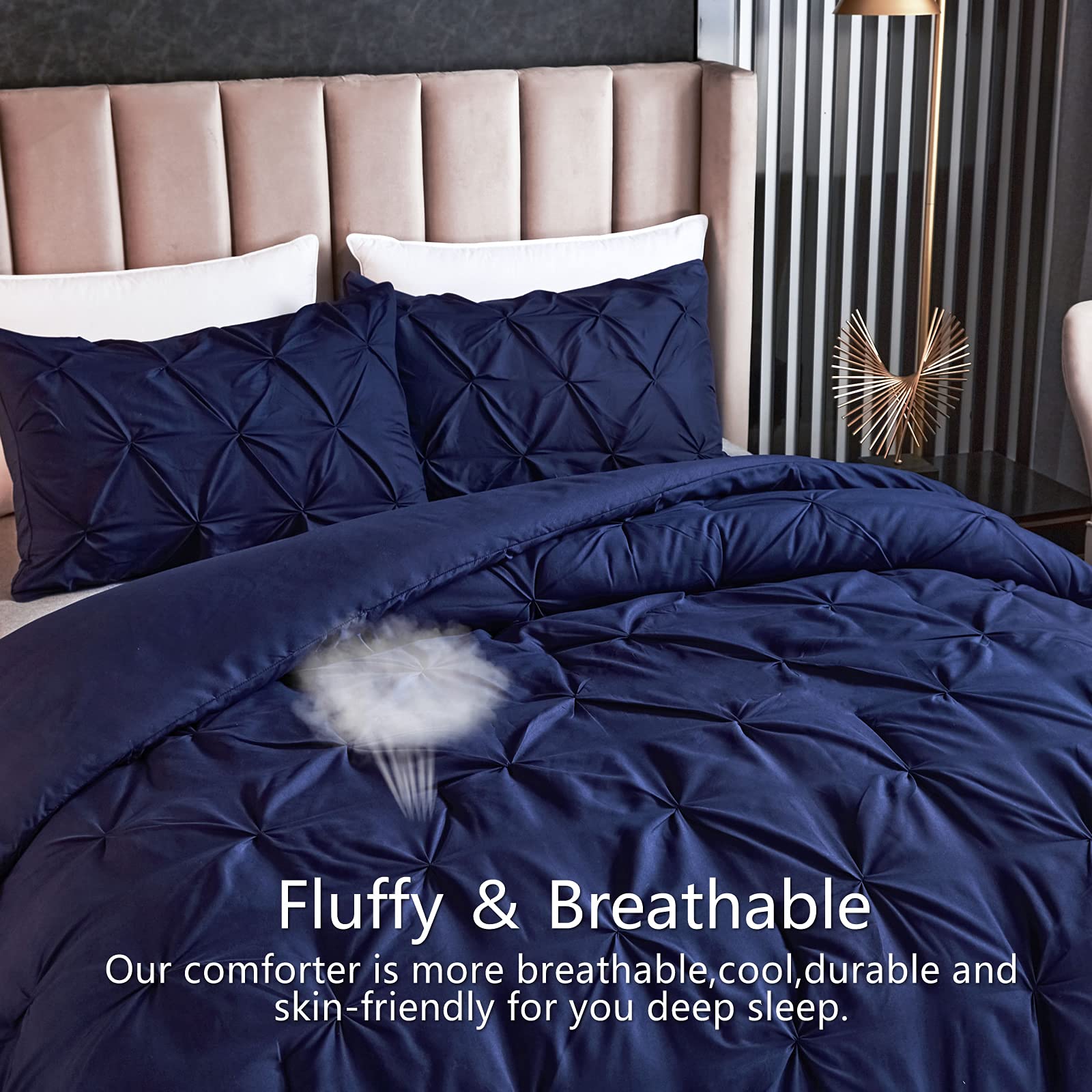 Pinch Pleated Navy Comforter Set Queen Size Bed, 3 Piece Pintuck Bedding Sets