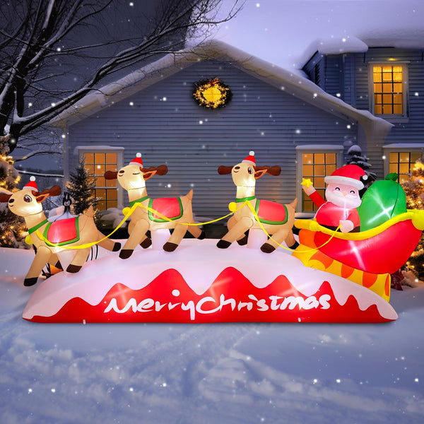 10 FT Long Chrismas Inflatable Santa Claus On Sleigh Pulled by 3 Reindeers Outdoor