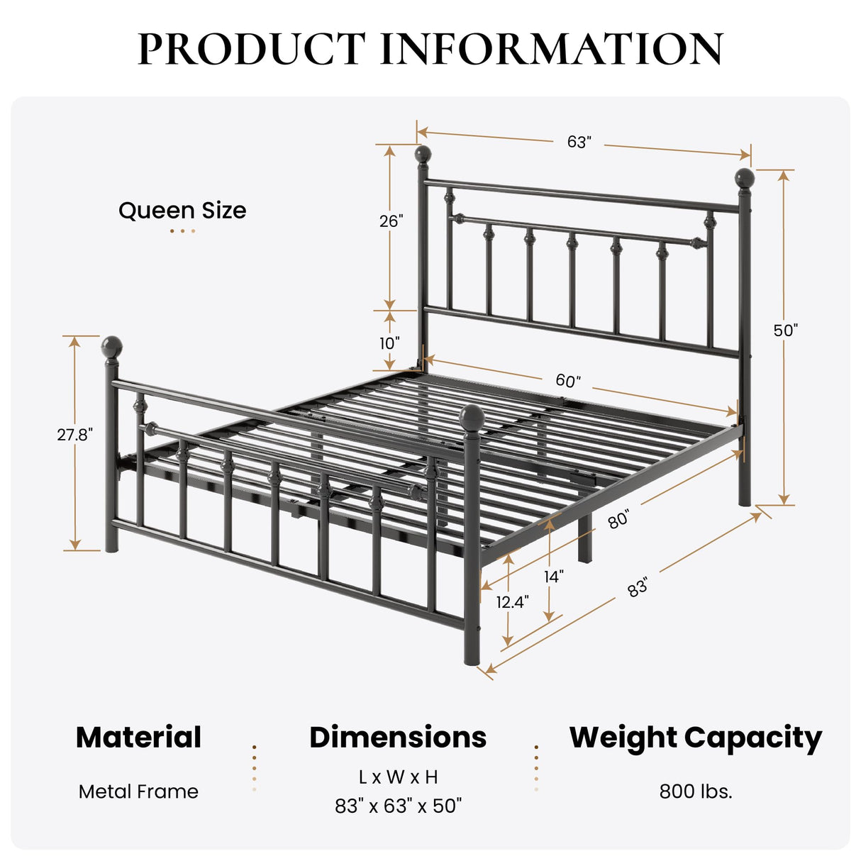 14'' Queen Size Metal Platform Bed Frame/Victorian Headboard and Footboard/Steel Slats