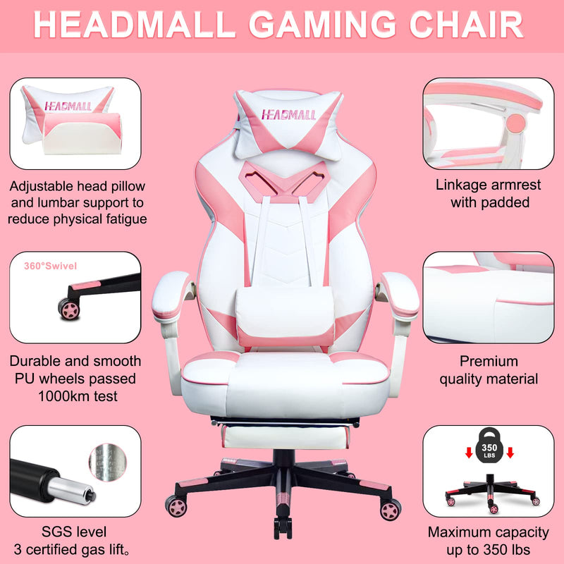 Pink Gaming Chair with Footrest Ergonomic OversizedVideo Game Chairs with Lumbar and Head Pillow, for Adults Teens Secret Lab Pink&White