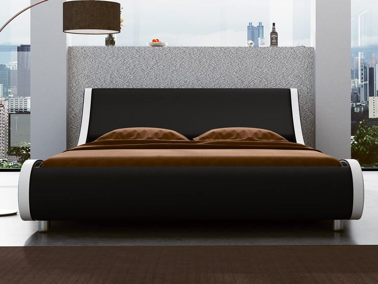 Modern Low Profile Platform Bed Frame Queen Size, Stylish Faux Leather Upholstered