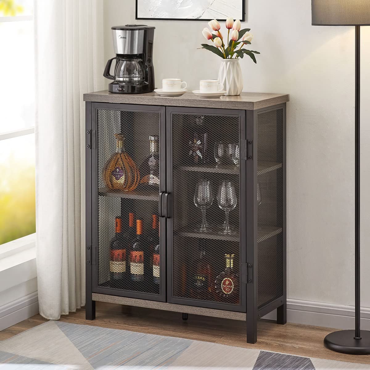 Industrial Coffee Bar Cabinet with Storage, Farmhouse Wood Metal Cabinet