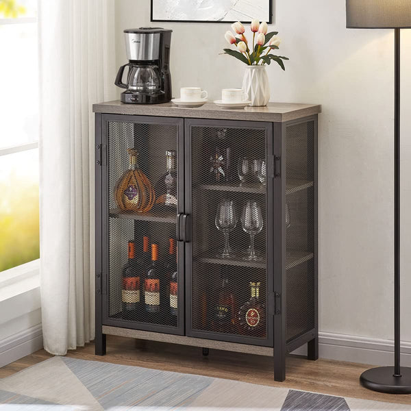 Industrial Coffee Bar Cabinet with Storage, Farmhouse Wood Metal Accent Cabinet