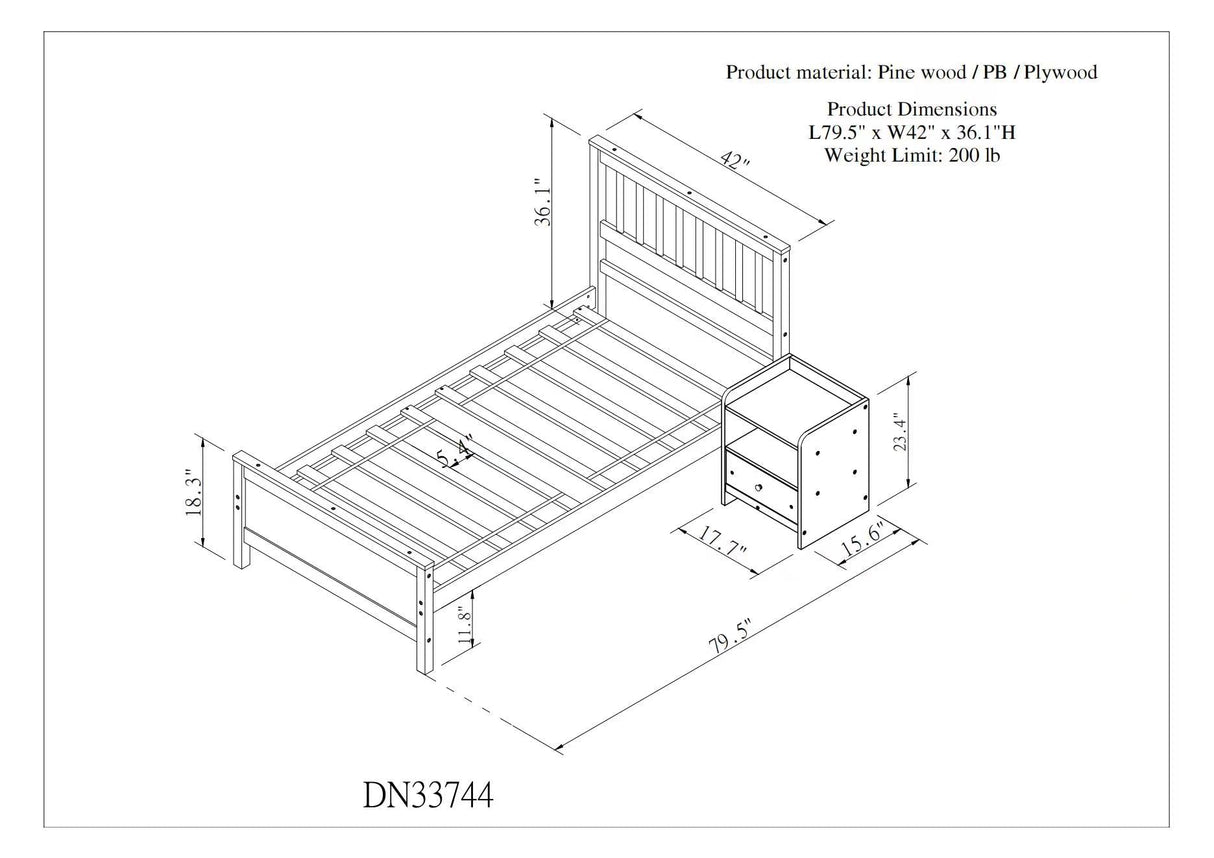 Twin Size Platform Bed with a Nightstand, Wooden Twin Bed Frame with Headboard