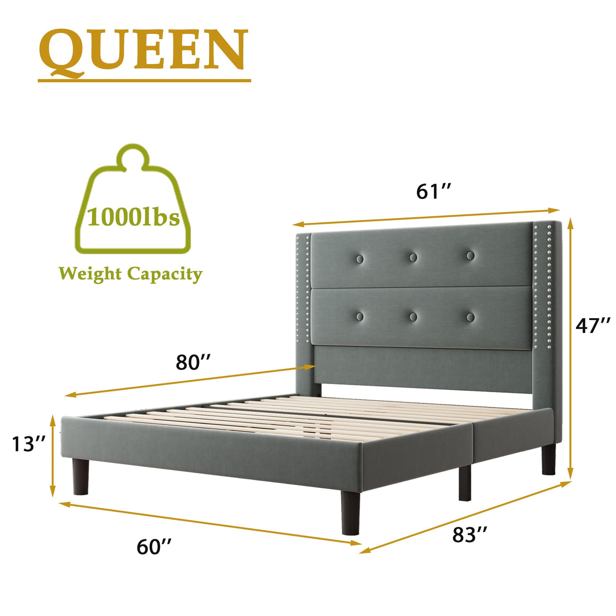 Queen Bed Frame, Modern Velvet Upholstered Platform Bed Frame