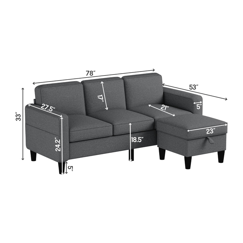 Upholstered Sectional L-Shaped Reversible Ottoman,3 Seater Sofas for Families