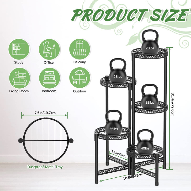 5 Tier Metal Plant Stand for Indoor Outdoor, Foldable Corner Tall Plant Shelf Display Stand
