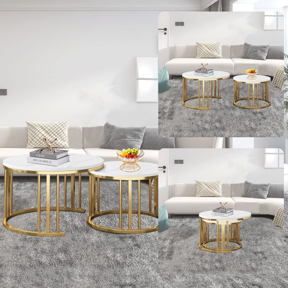 Round Nesting Coffee Table Set of 2 Modern Cocktail Table with Metal Frame