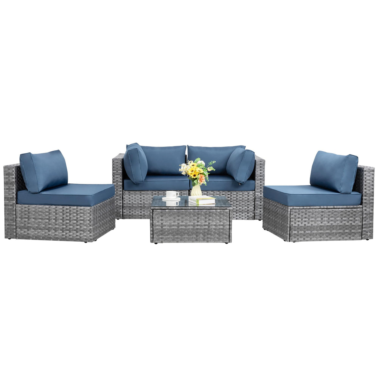 5 Pieces Outdoor Patio Sectional Sofa Couch, Silver Gray PE Wicker Furniture