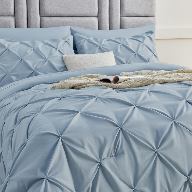 Queen Comforter Set - 7 Pieces Comforters Queen Size Light Blue, Pintuck Bed