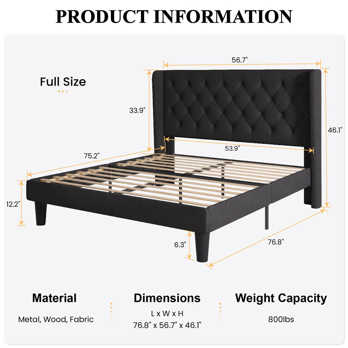 Full Size Platform Bed Frame with Upholstered Headboard and Wingback, Button Tufted