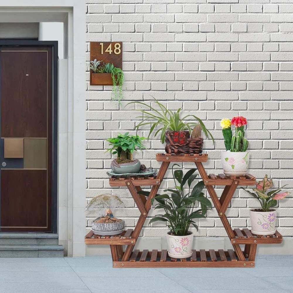 TriStand 3-Tier Wooden Plant Stand – Carbonized Pine Wood Display Shelf