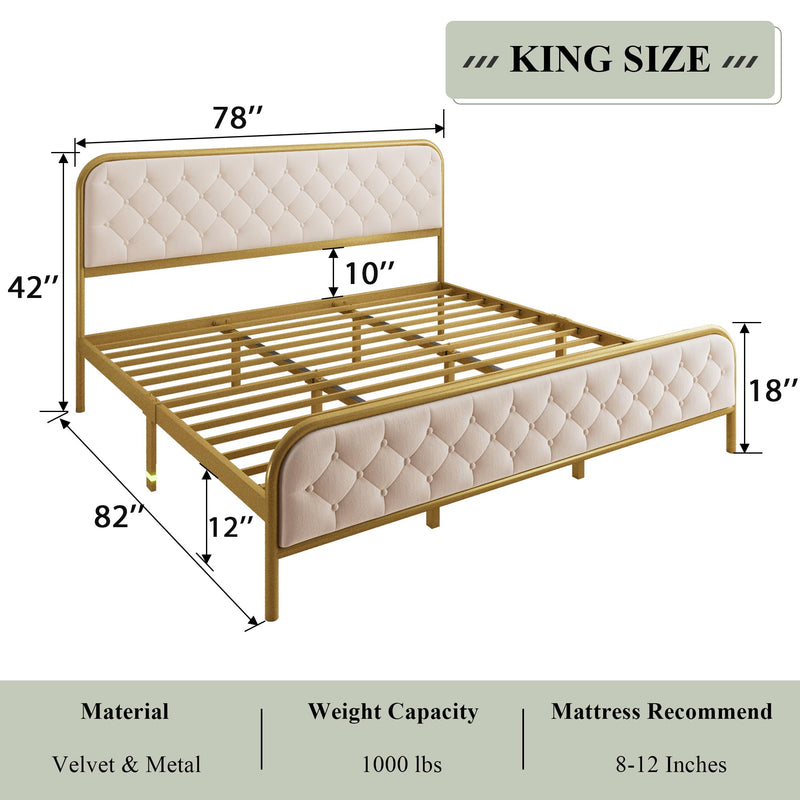 King Size Bed Frame, Upholstered Bed Frame with Diamond Tufted Headboard