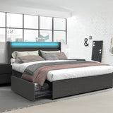 Queen Bed Frame with RGBW LED Lights, Upholstered Headboard & 4 Storage Drawers