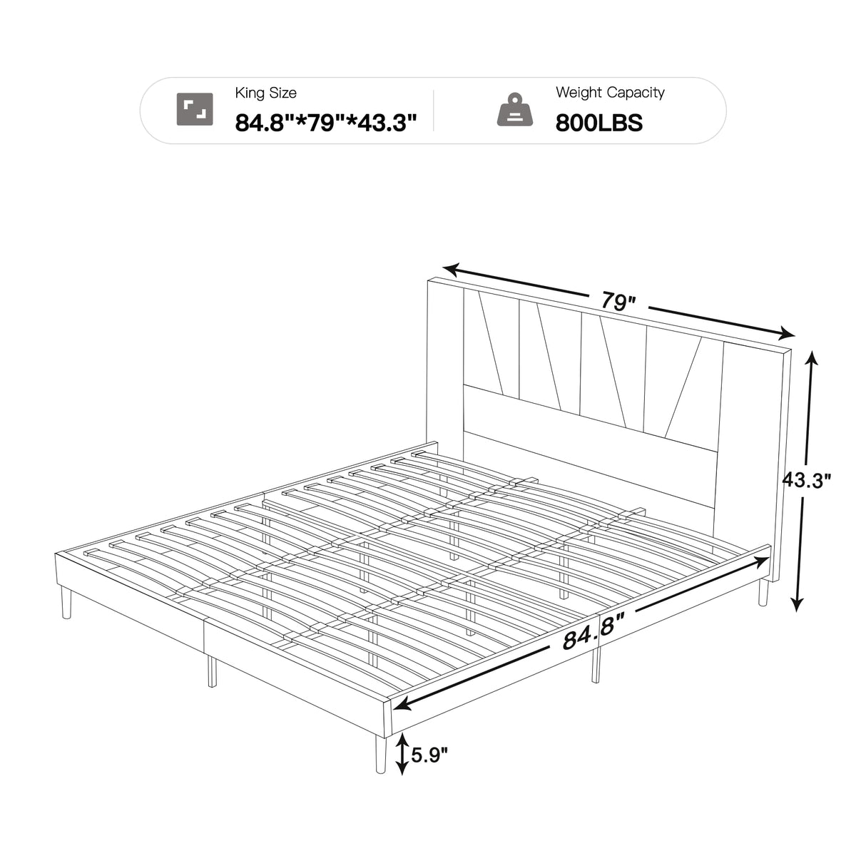 King Size Bed Frame Upholstered Platform with Complete Headboard and Strong Wooden