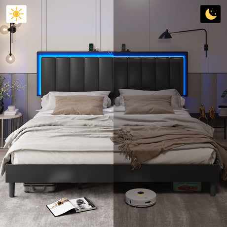 King Bed Frame with Headboard and LED Light,Vegan Leather Upholstered