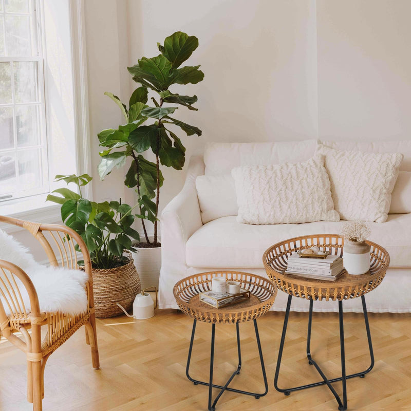 Rattan Side Table Nesting Tables Set of 2, Bamboo Round Table Coffee Table Metal Base End Table