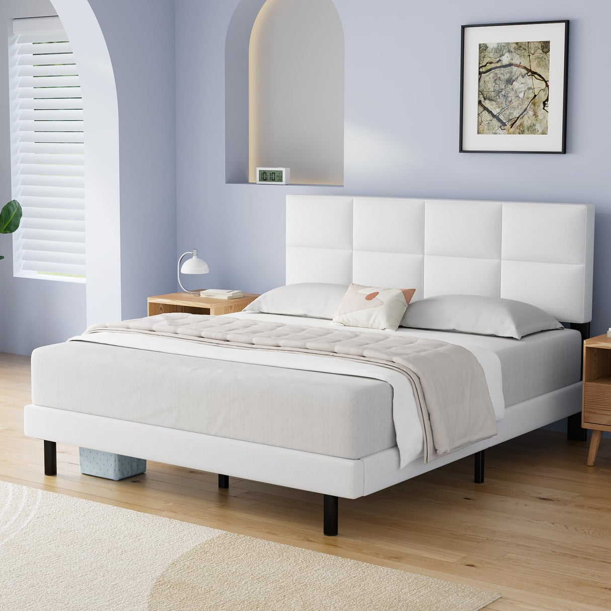 Queen Size Bed Frame with Upholstered Headboard