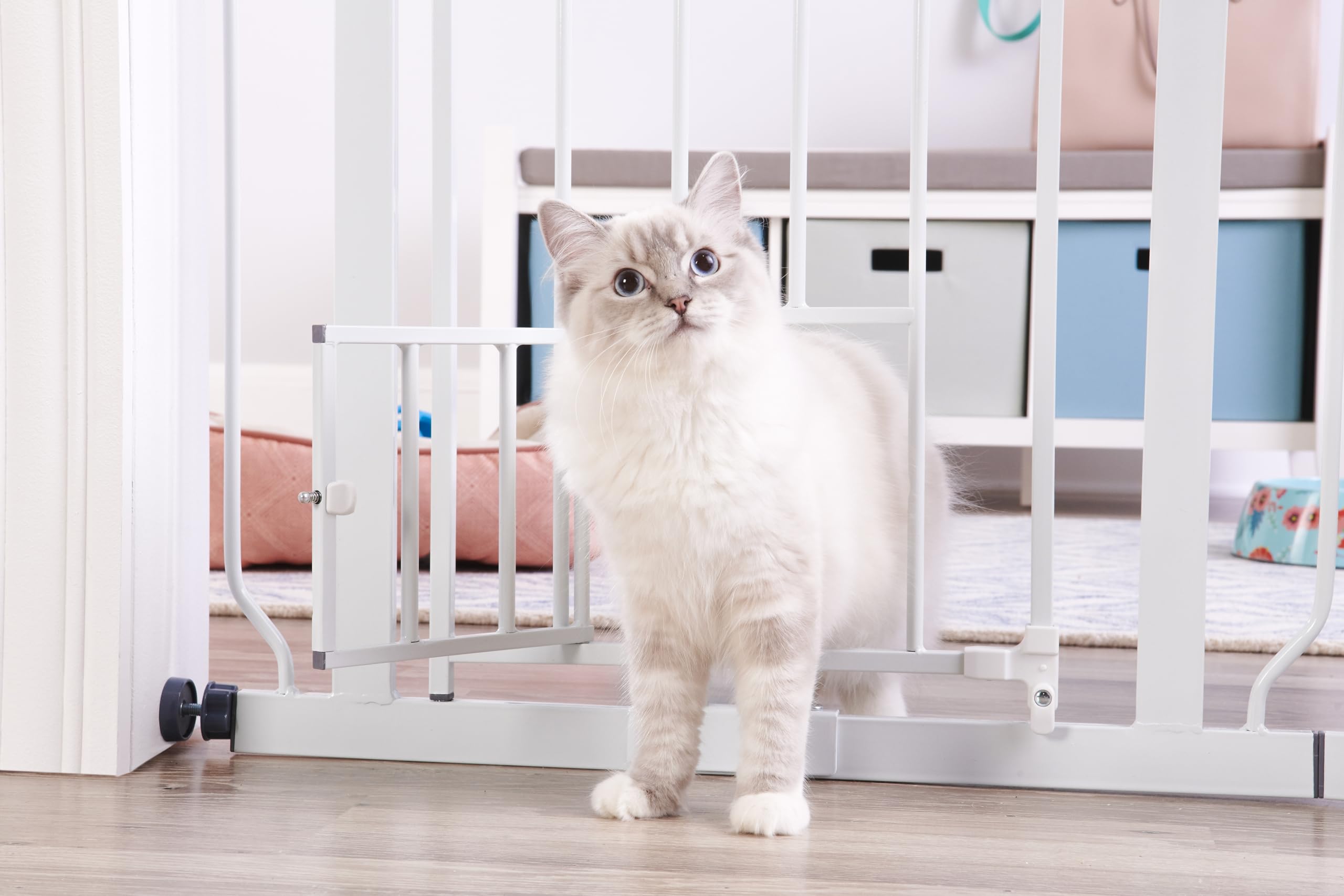 Extra Wide Walk Through Pet Gate with Small Pet Door, Includes 4-Inch Extension Kit