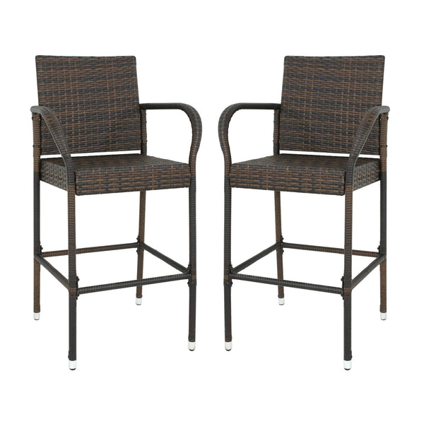 Upgraded Wicker Bar Stool Chairs Outdoor Backyard Rattan Chair w/Iron Frame