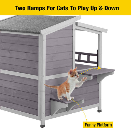 2 Story Cat House Enclosure with Large Balcony, Indoor Cat Condo Outdoor Cat Shelter