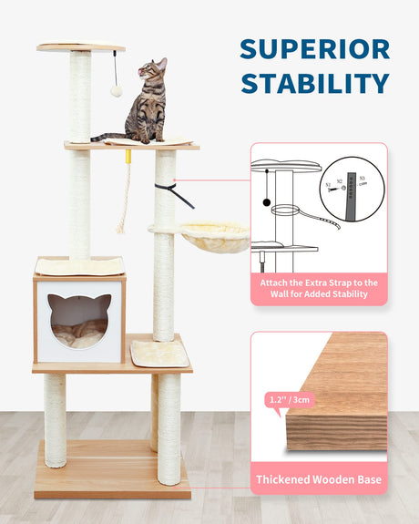 Cat Tree for Indoor Cats Modern Cat Tower 65" Tall Wood Kitten Condo with Hammock