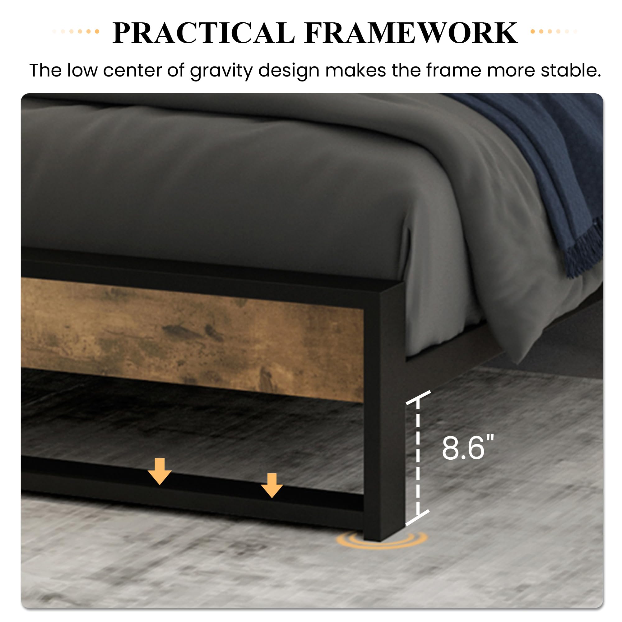 Queen Bed Frame with Wood Headboard and Footboard