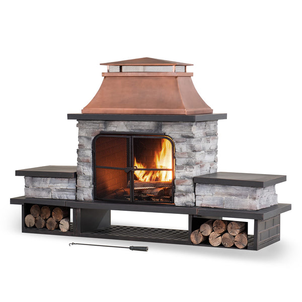 Outdoor Fireplace, Patio Wood Burning Fireplace with Steel Chimney