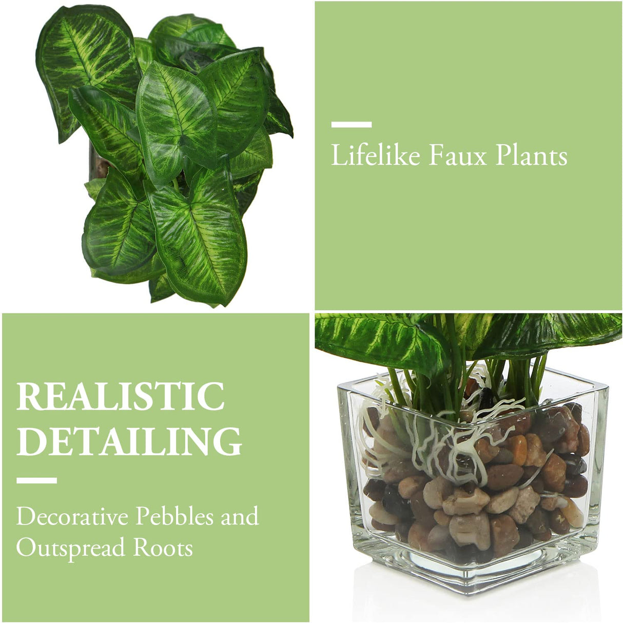 Set of 3 Artificial Plants, Faux Tabletop Greenery w/Clear Glass Pots