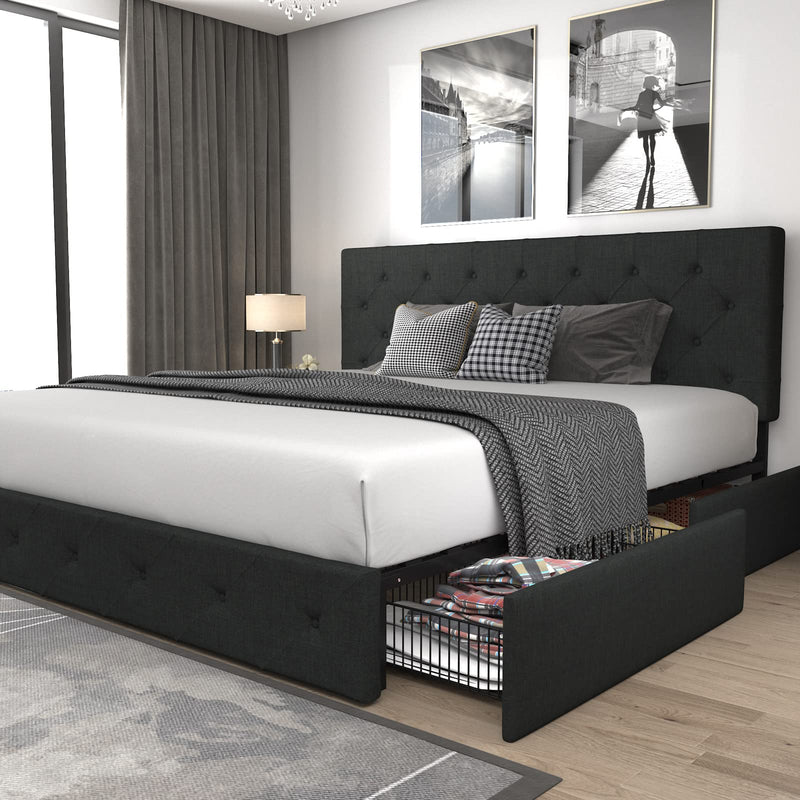 Upholstered King Size Platform Bed Frame with 4 Storage Drawers and Headboard