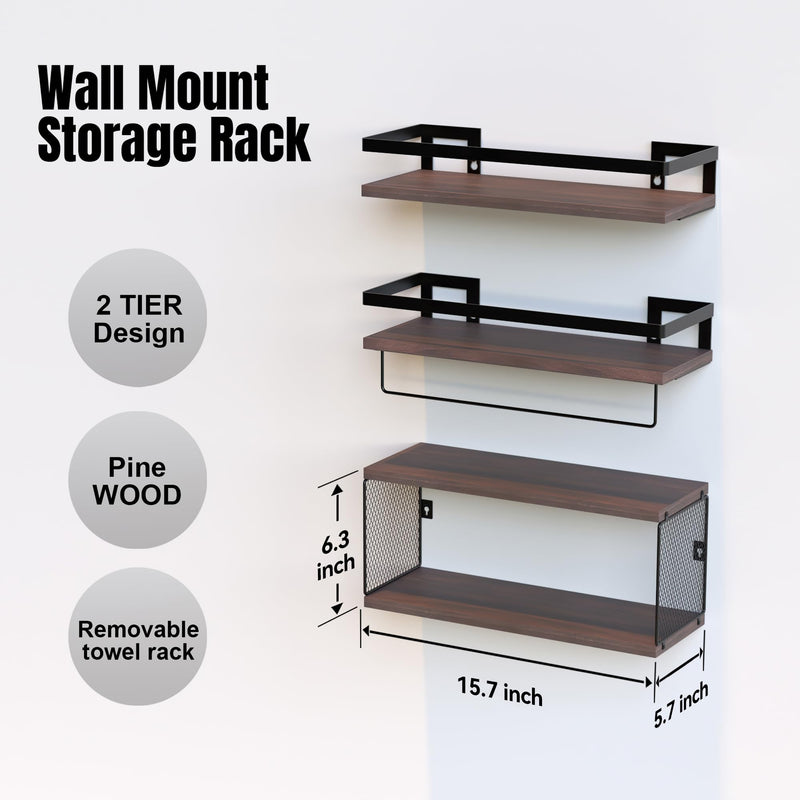 Floating Shelves, 4-Shelf Wall Mounted Bathroom Storage Organizer, Rustic Brown Pine Wood