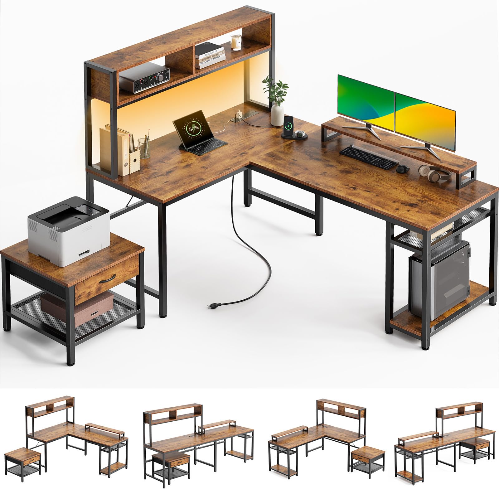 L-Shaped Computer Desk with Power Outlet & LED Strip
