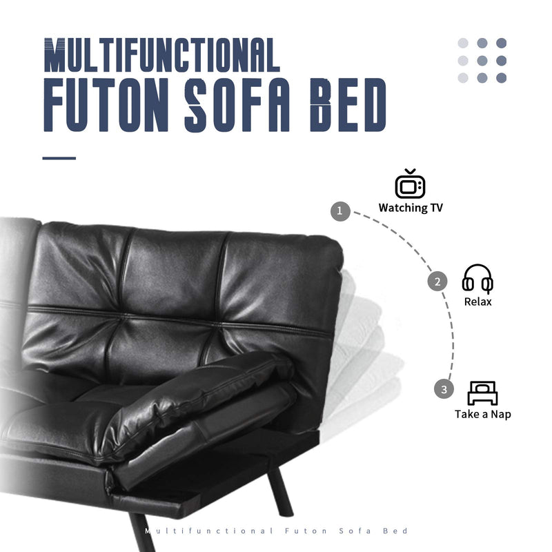 Futon Bed, Faux Leather Loveseat Sofas, Modern Convertible Sleeper Couch