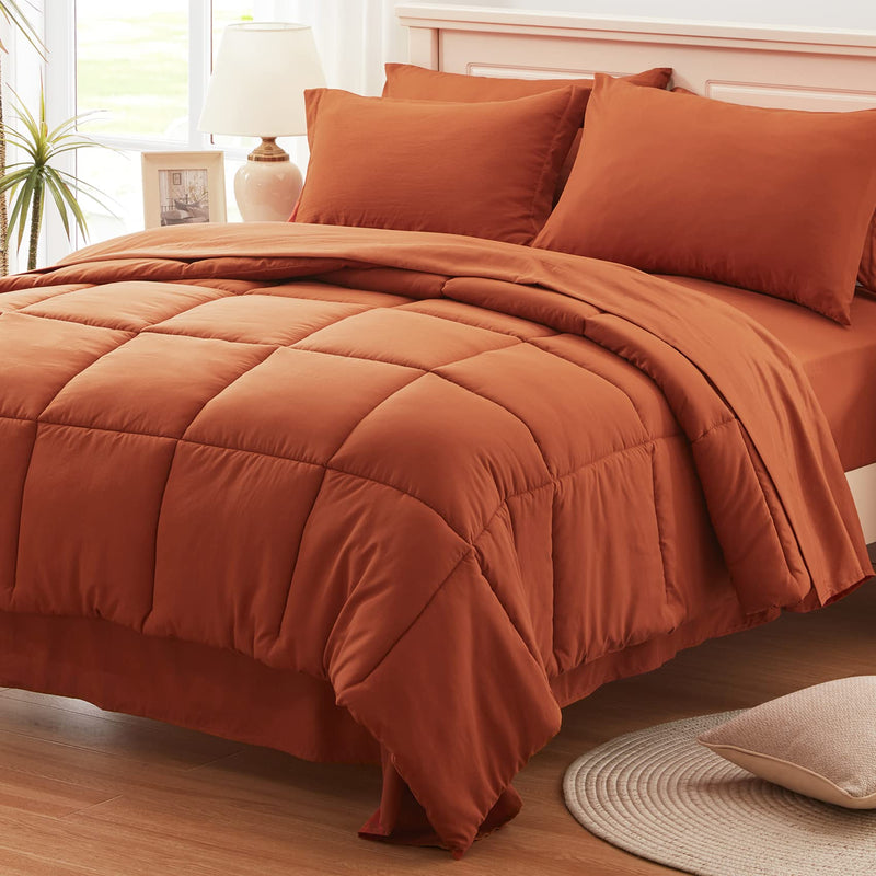 Queen Size Bed in a Bag 7 Pieces, Burnt Orange Bed Comforter Set