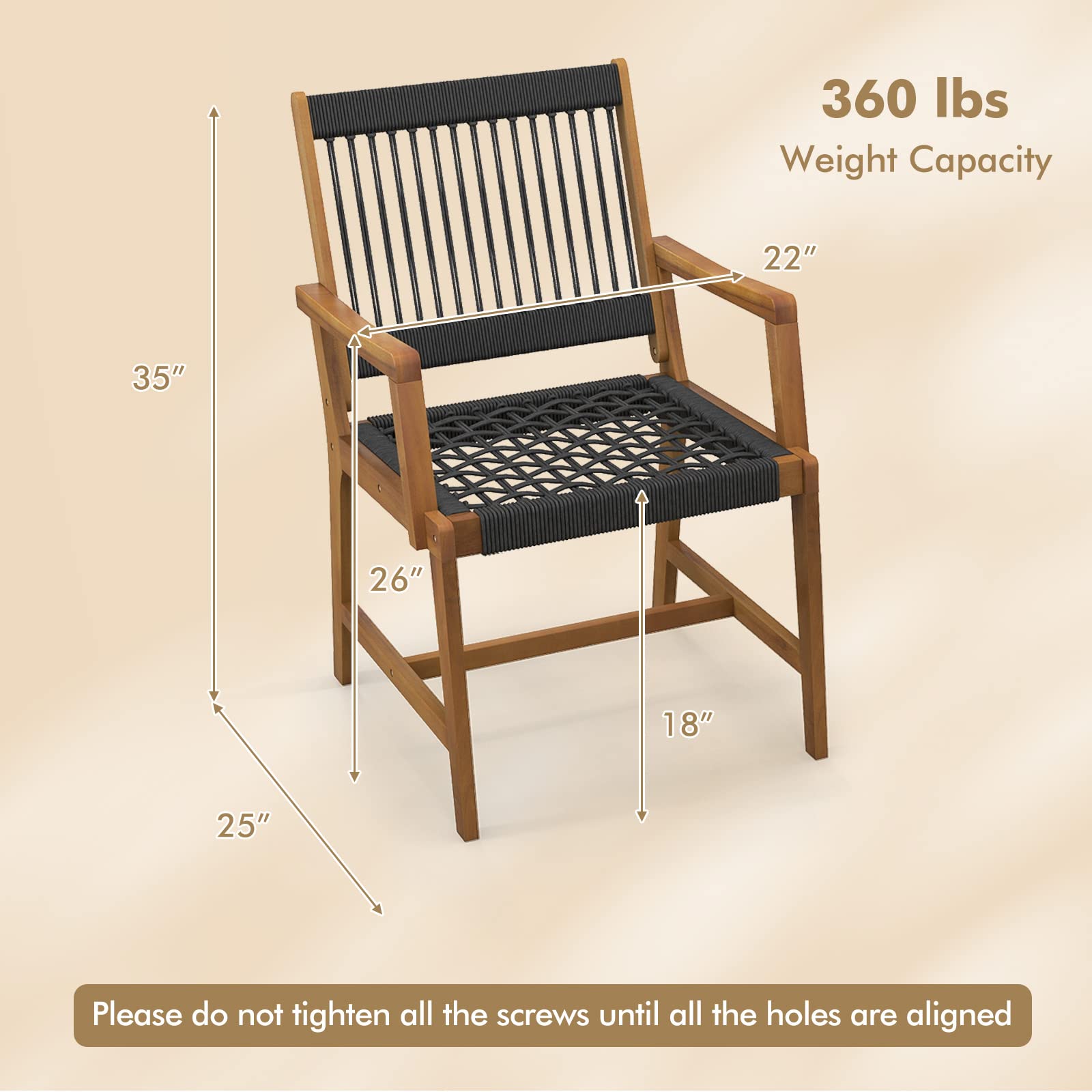 Outdoor Acacia Wood Dining Chairs Set of 4, All-Weather Rope Woven Patio Chairs