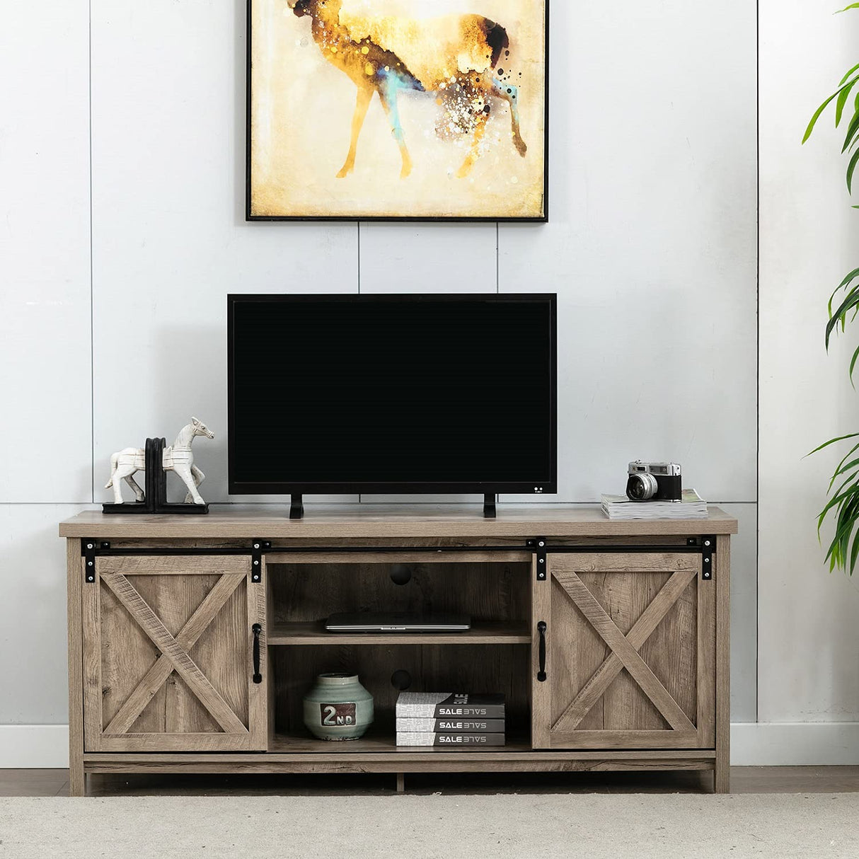 58" Farmhouse TV Stand for TVs up to 65 inch, Entertainment Center TV Cabinet