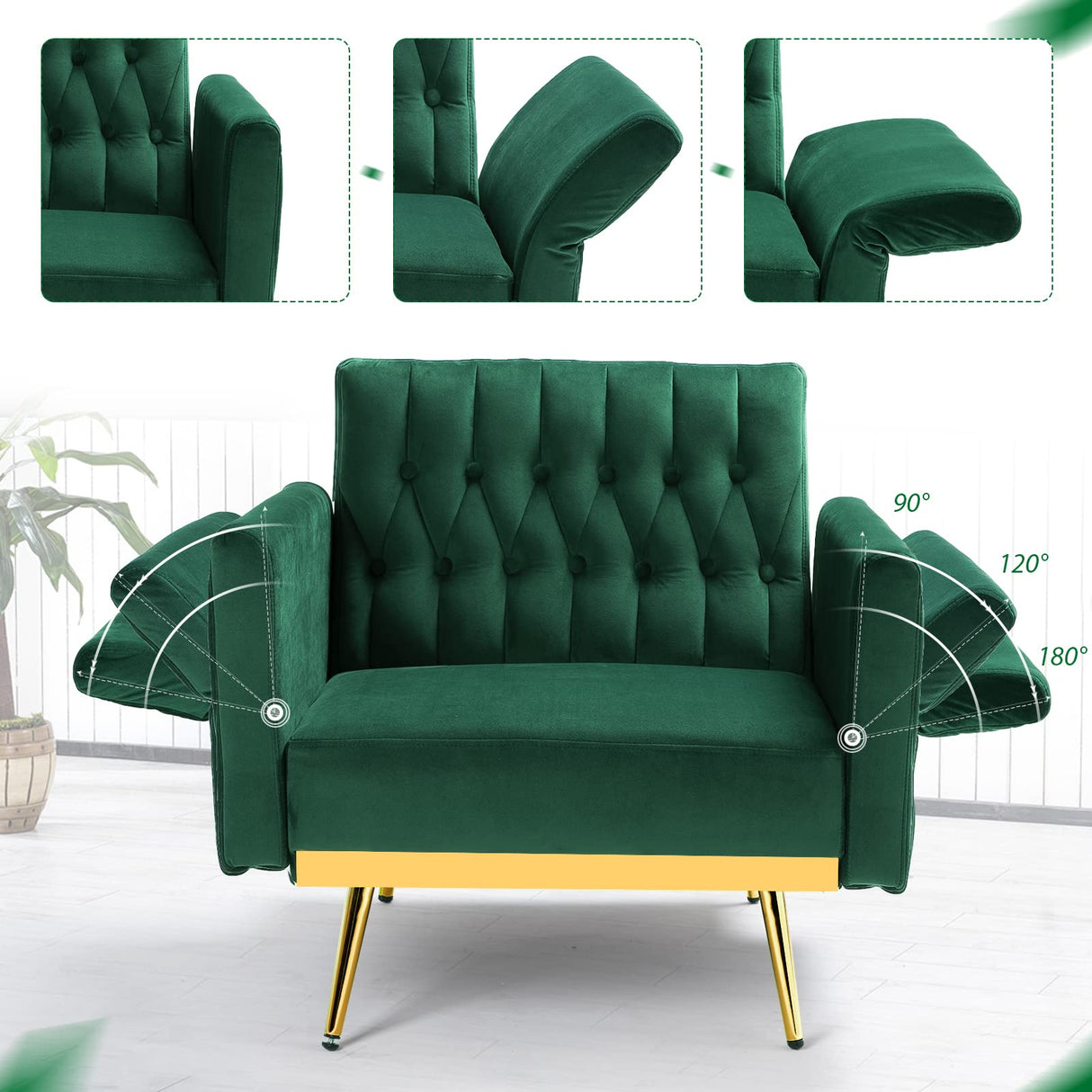 Velvet Accent Chair with Adjustable Armrests and Backrest, Button Tufted Chair