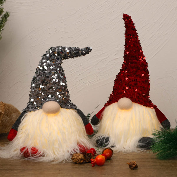 12" Lighted Christmas Gnome, Handmade Sequins Hat Scandinavian Swedish Tomte