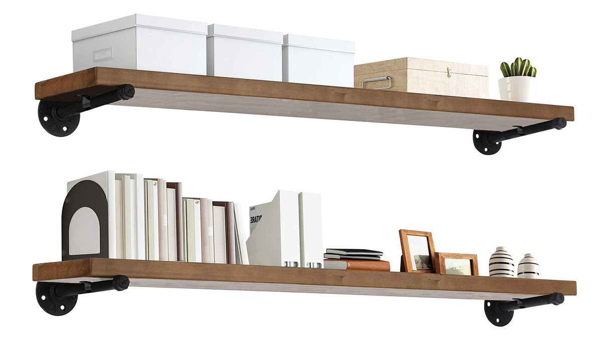 Industrial Pipe Wood Wall Shelf - 48" Espresso Real Wooden Shelving - Modern Interior