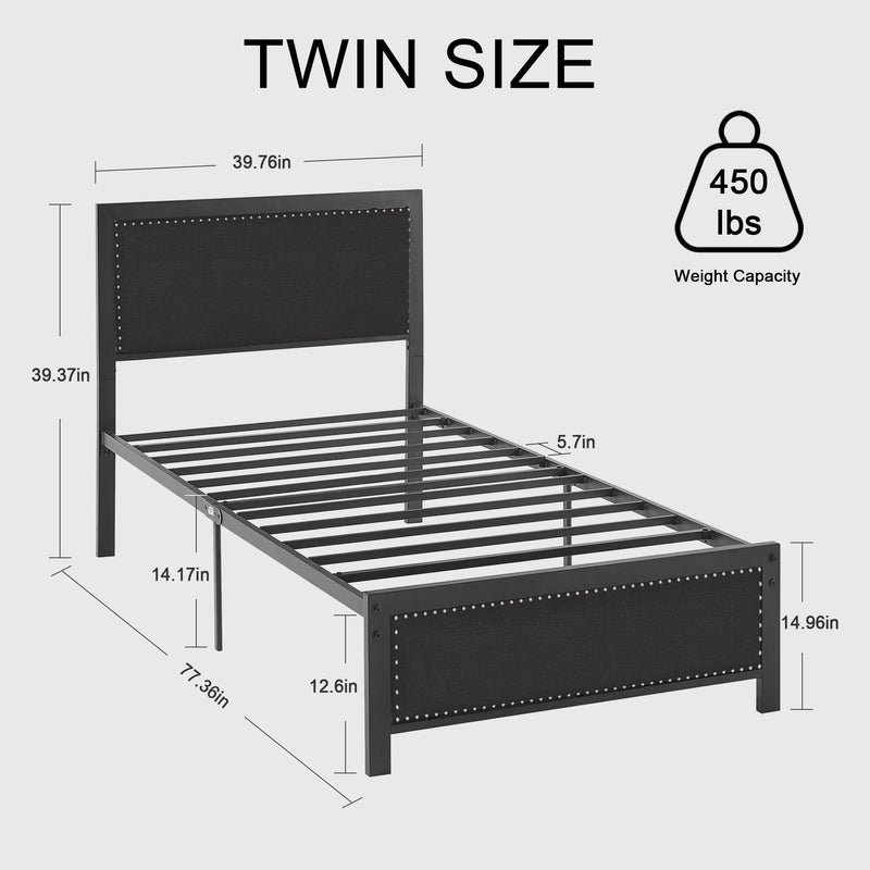 Twin Bed Frame with Upholstered Linen Headboard and Footboard, Heavy-Duty Platform
