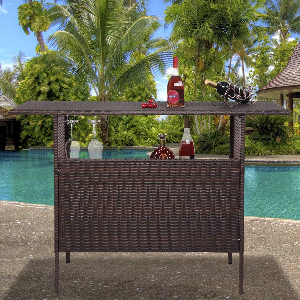 Wicker Outdoor Bar Table with 2 Steel Shelves, 2 Sets of Rails