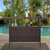 Wicker Outdoor Bar Table with 2 Steel Shelves, 2 Sets of Rails