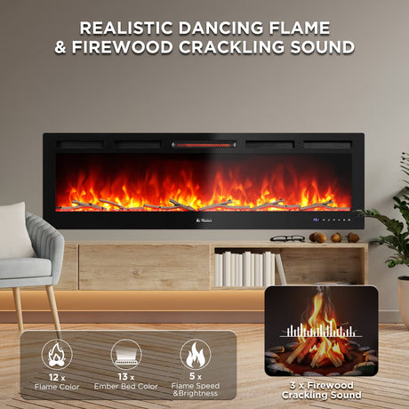 60” Smart WiFi Infrared Electric Fireplace with Sound Crackling and Realistic Flame