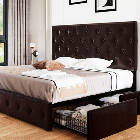 Upholstered King Size Platform Bed Frame with 4 Storage Drawers