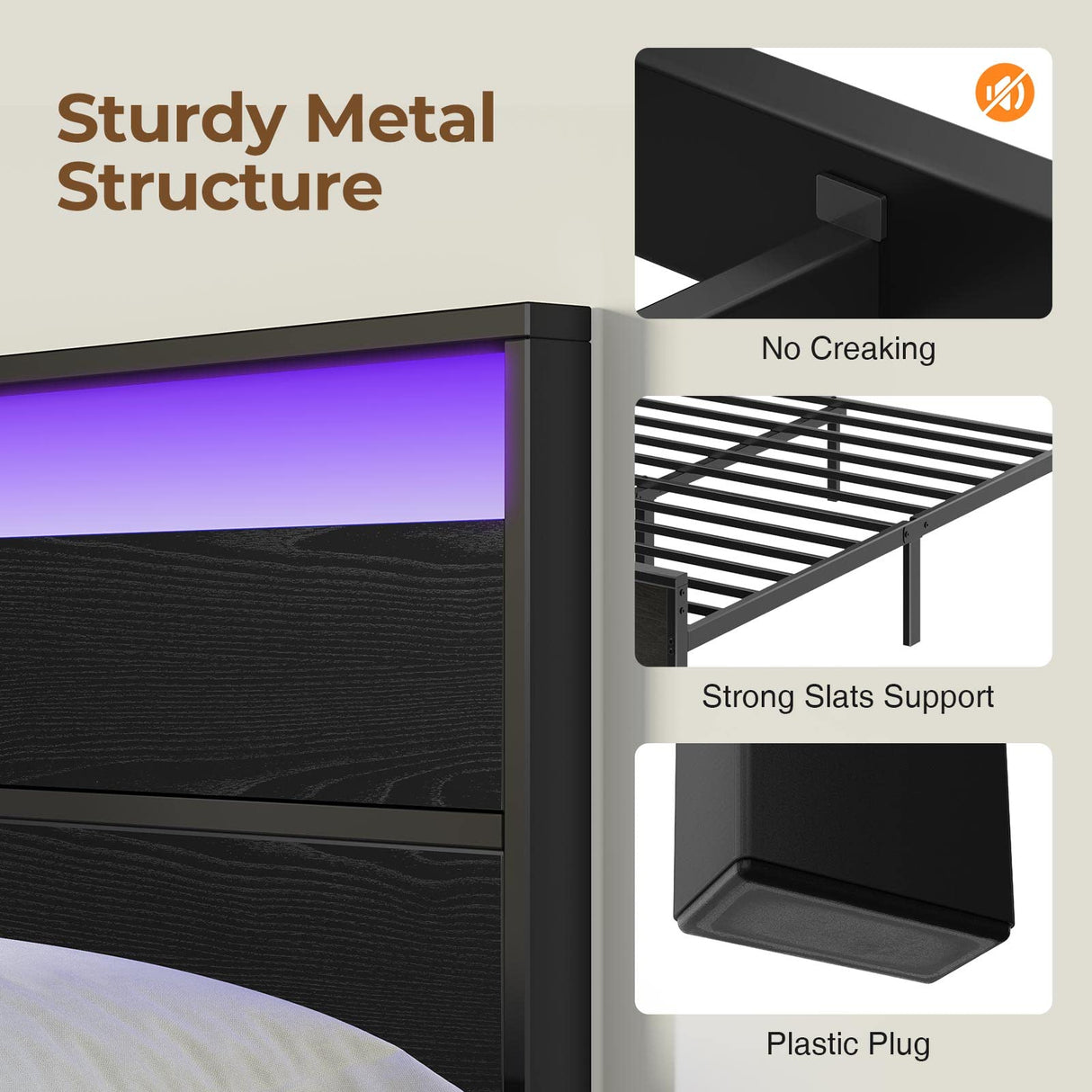 Bed Frame with Charging Station, Twin Bed with LED Lights Headboard, Metal Platform