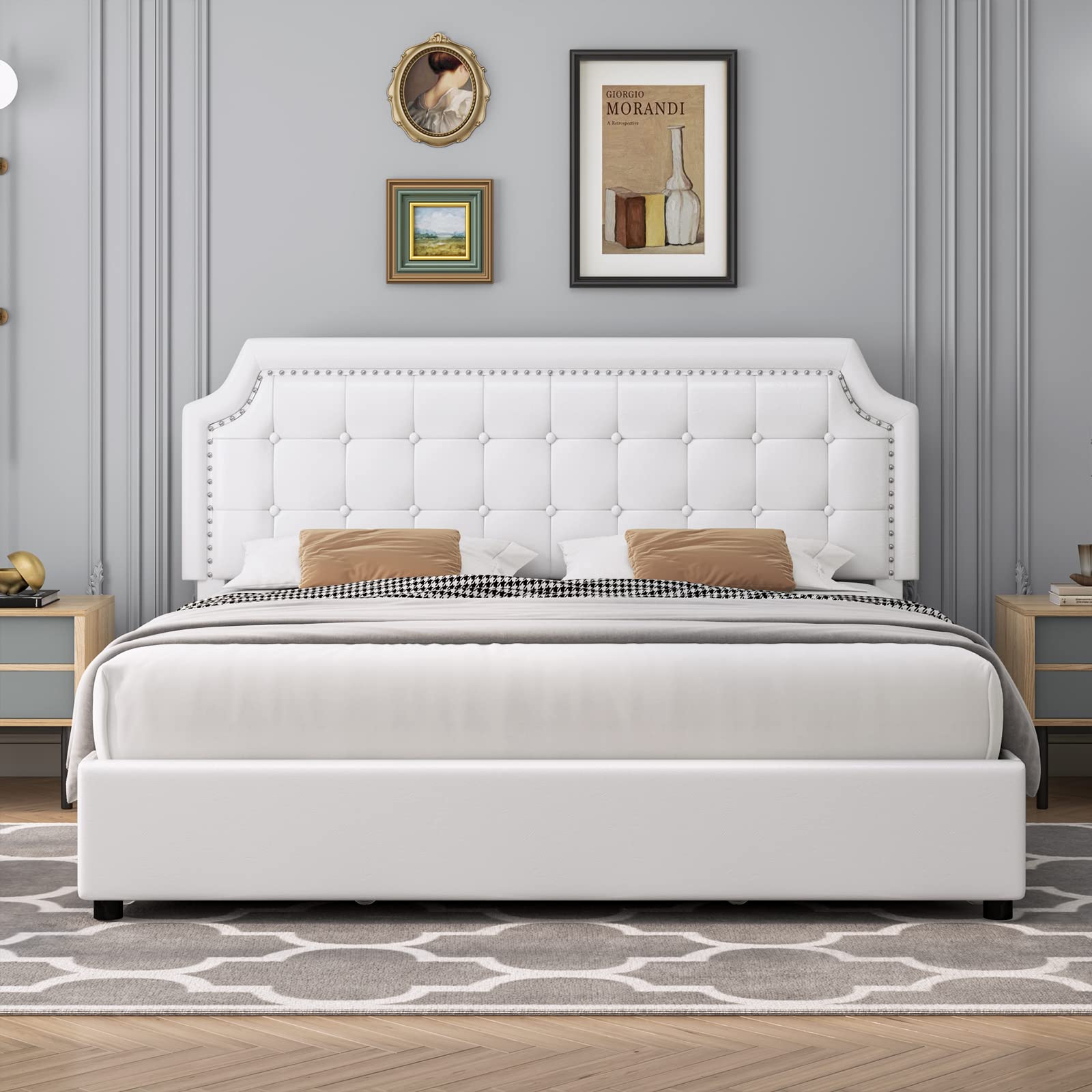 King Size Bed Frame with 4 Drawers, Upholstered Platform Storage Bed