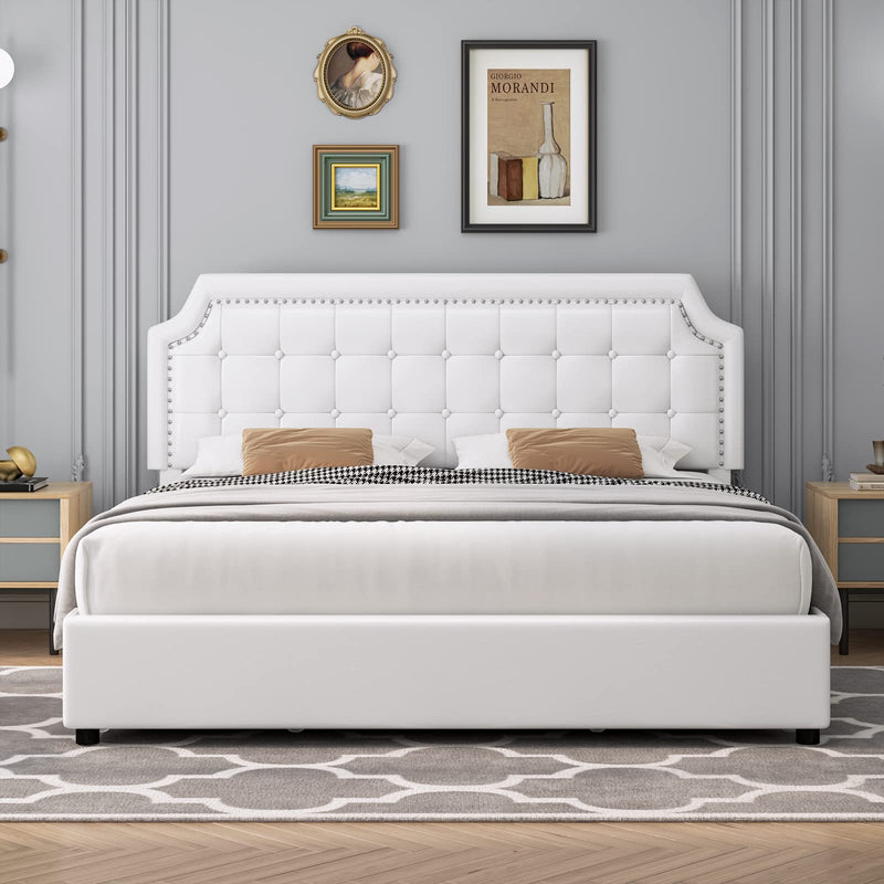 King Size Bed Frame with 4 Drawers, Upholstered Platform Storage Bed with Button Tufted Headboard